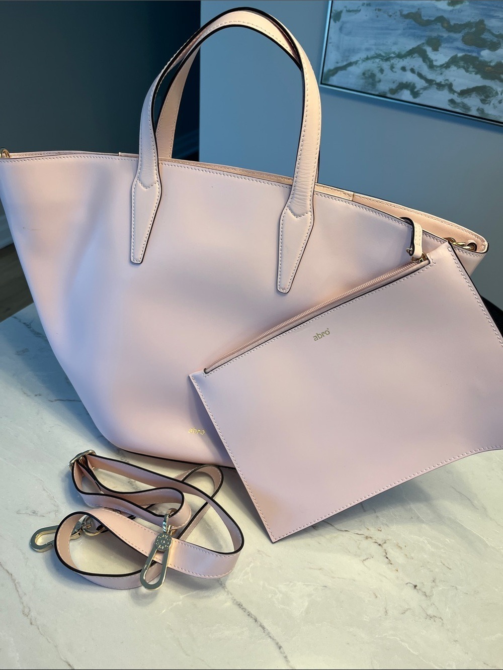 Abro Minimalist Blush Leather Tote with Detachable Pouch and Strap